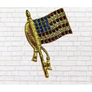 Vintage Gold Tone Red White Blue Rhinestone Flag With Cord Brooch-Wear It Proud!